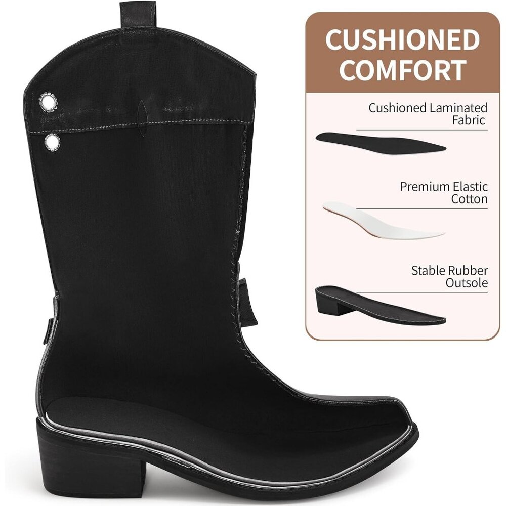 Women's Western Leather Mid Calf Fashion Chunky Cowgirl Pointed Toe Black Boot - Picture 3 of 7
